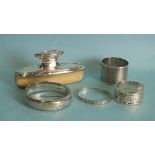 Two silver napkin rings, a silver-mounted nail buffer and two bangles, (5).