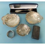 Two similar shell butter dishes, London 1895, 1900, another small shell butter dish and other items,