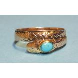 A Victorian rose gold snake ring set turquoise, size O, 3.7g, unmarked, (tests as 15ct gold