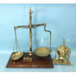 A set of W & T Avery brass Class B balance scales on mahogany base, 60cm high, together with a set
