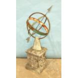 A painted metal Orrery sundial, 79cm high, on square concrete plinth, 116cm high overall.