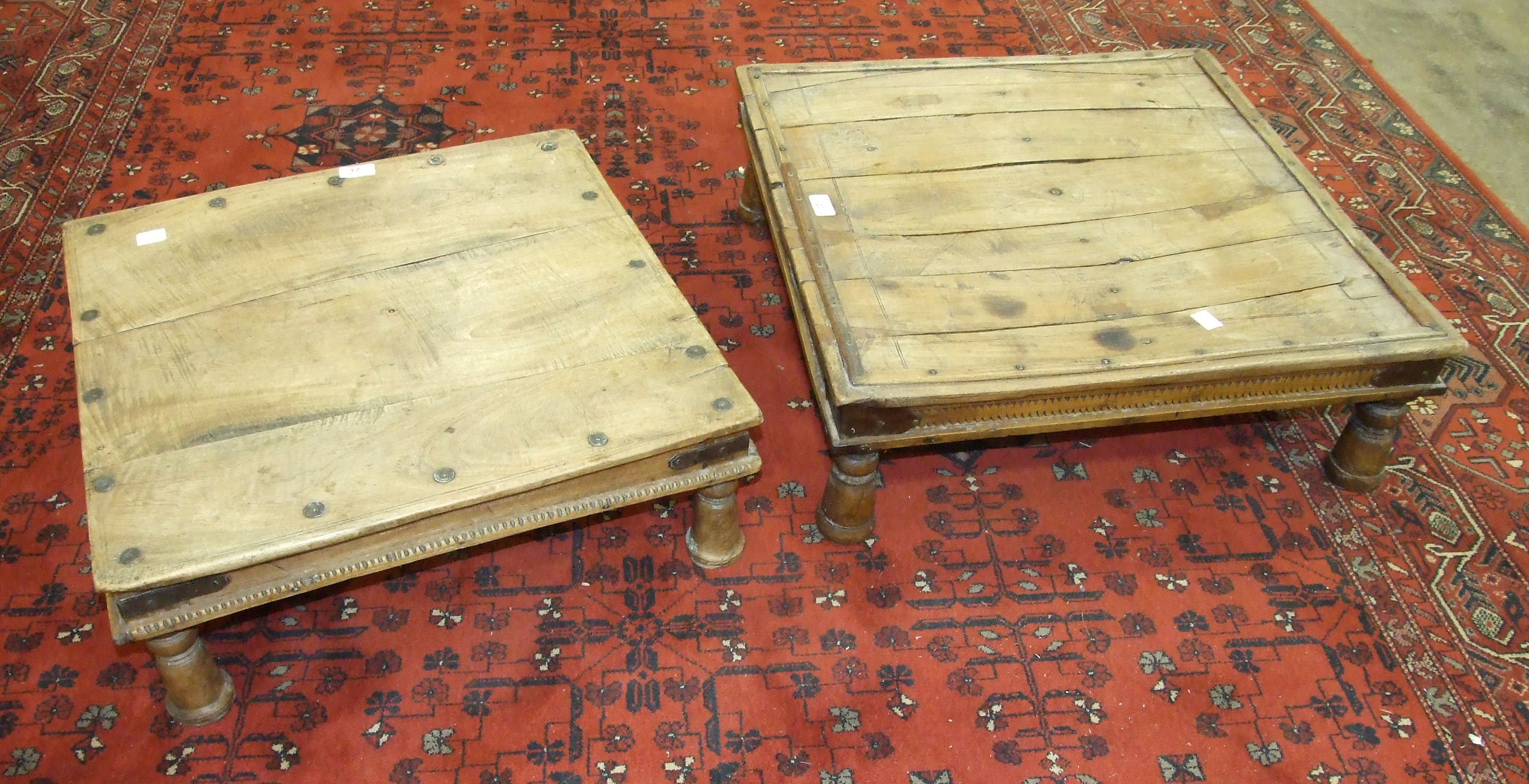 Two Eastern metal-bound hardwood low coffee tables, each on turned legs, 64 x 63cm and 57 x 56cm, ( - Image 2 of 2