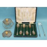 A cased set of six silver teaspoons, Sheffield 1944, a pair of Victorian sugar tongs, a hexagonal