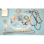 A silver fringe necklace, various silver earrings, rings, a pair of cufflinks and other silver and