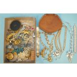 A silver brooch set cultured pearls, two Trifari bracelet and necklace sets, (one missing diamanté