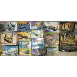 A collection of eight Italeri 1:72 fighter plane model kits, two Academy model kits, three others,