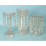 Three Victorian and later clear cut-glass lustres, 21cm, 23cm and 26cm high, respectively, (3).