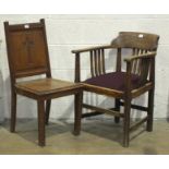 An oak armchair with padded seat and a chapel chair, (2).