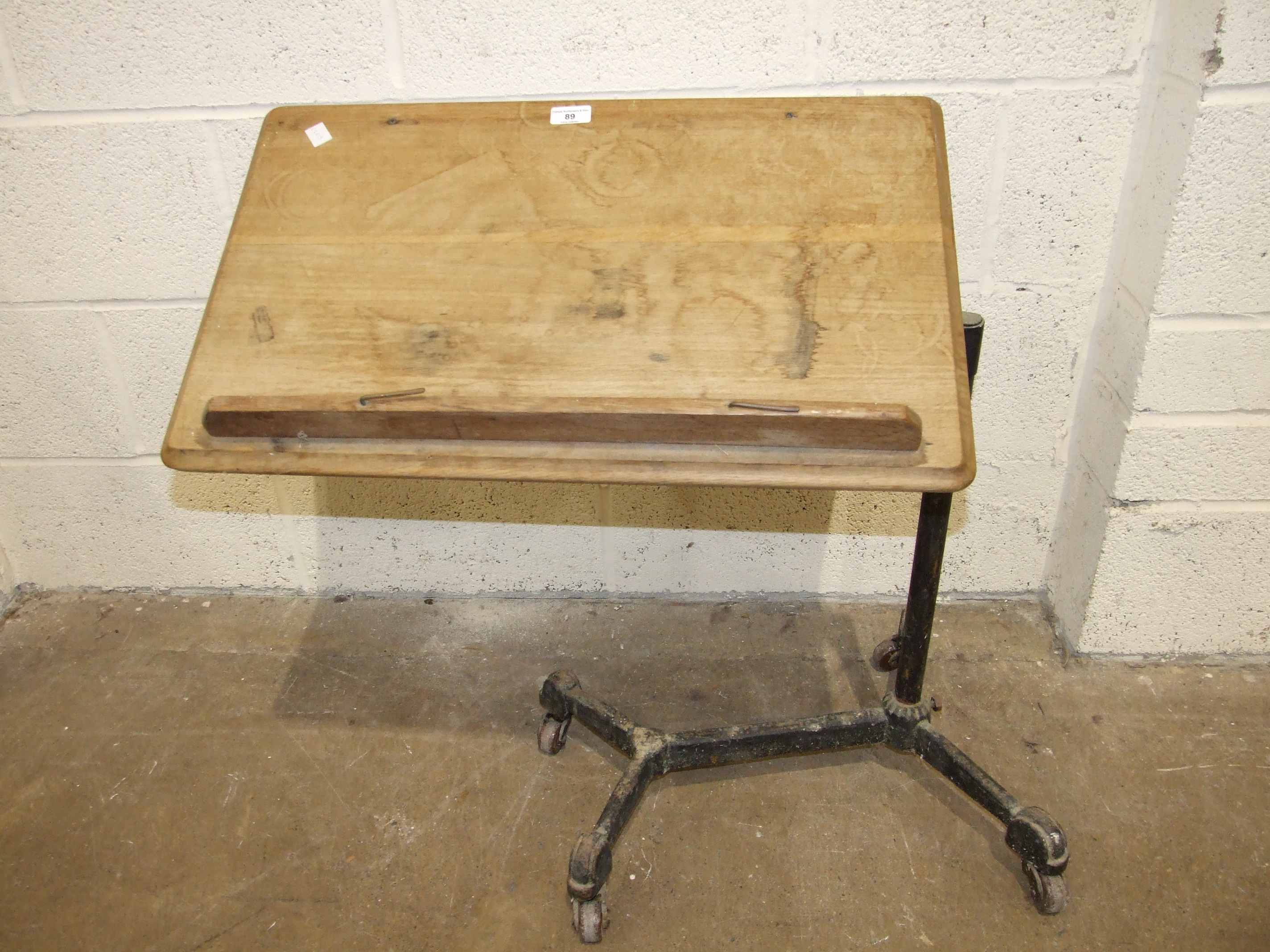 An oak and cast-iron adjustable bed table labelled Harrods Ltd, London SW, an oak dressing glass, - Image 3 of 4