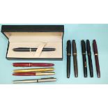 A collection of ten various fountain pens, including three Parker Duofold and two others, two