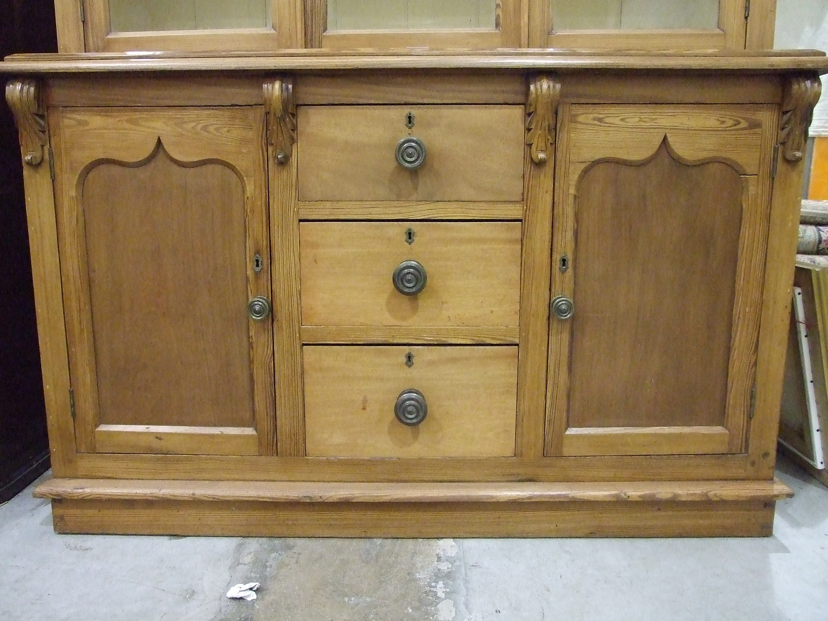 A Victorian pitch pine dresser, the moulded cornice above three glazed doors, the lower part with - Image 3 of 3