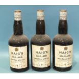 Haigs Gold Label Blended Whisky, three bottles, 70% proof, all with foil spring cap top, (3).