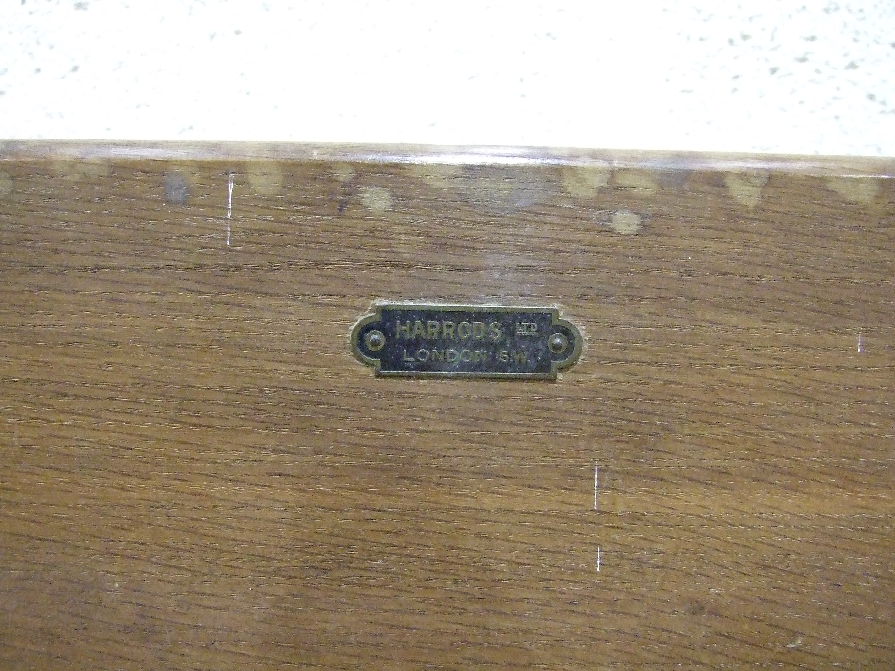 An oak and cast-iron adjustable bed table labelled Harrods Ltd, London SW, an oak dressing glass, - Image 4 of 4