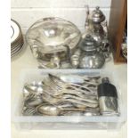 A collection of plated cutlery, two plated teapots and other plated ware.