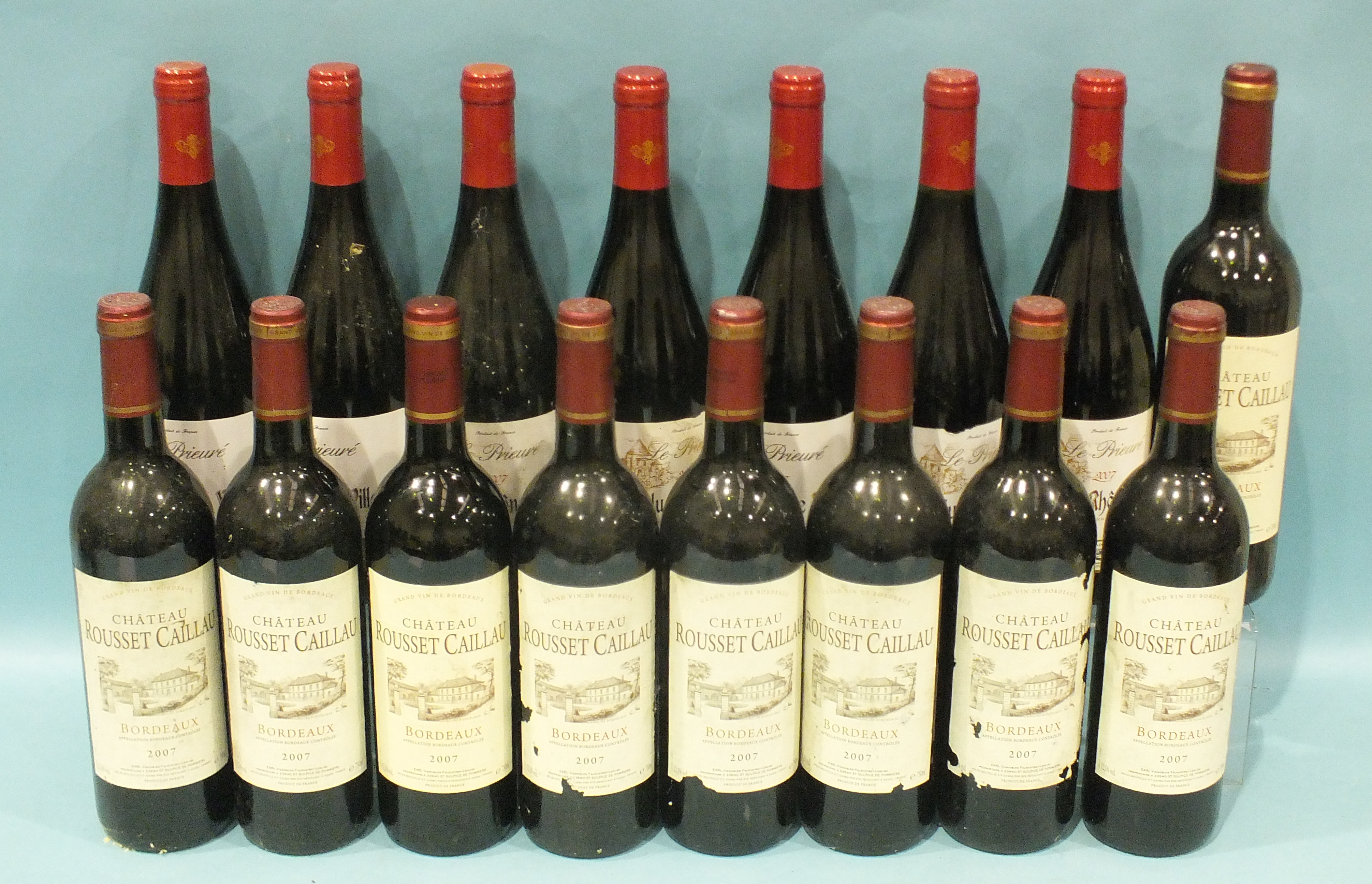 Chateau Rousset Caillau Bordeaux 2007, nine bottles and Côtes du Rhône Villages Le Prieure 2007,