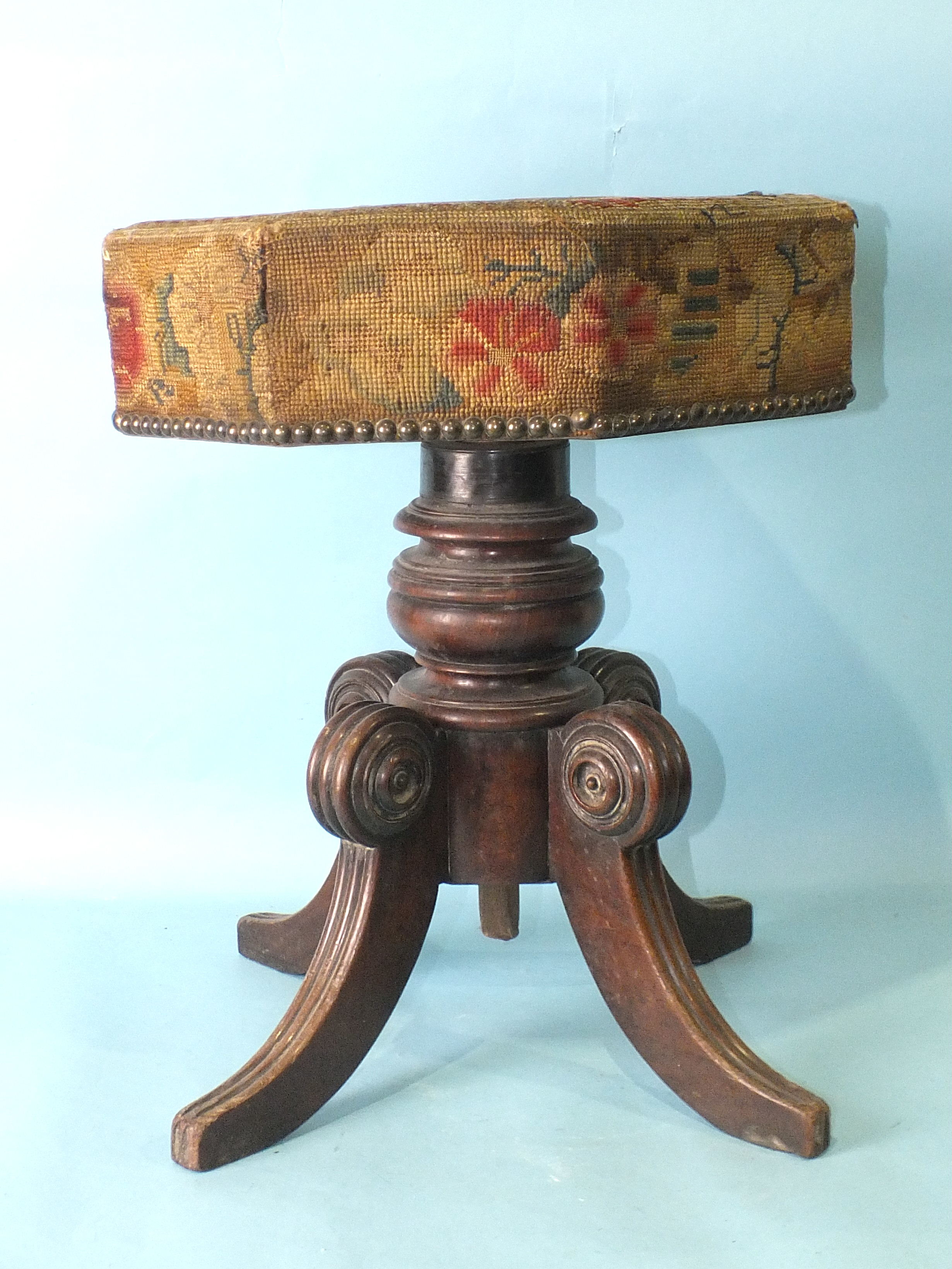 An early-19th century mahogany music stool, the revolving adjustable seat, with original - Image 2 of 3