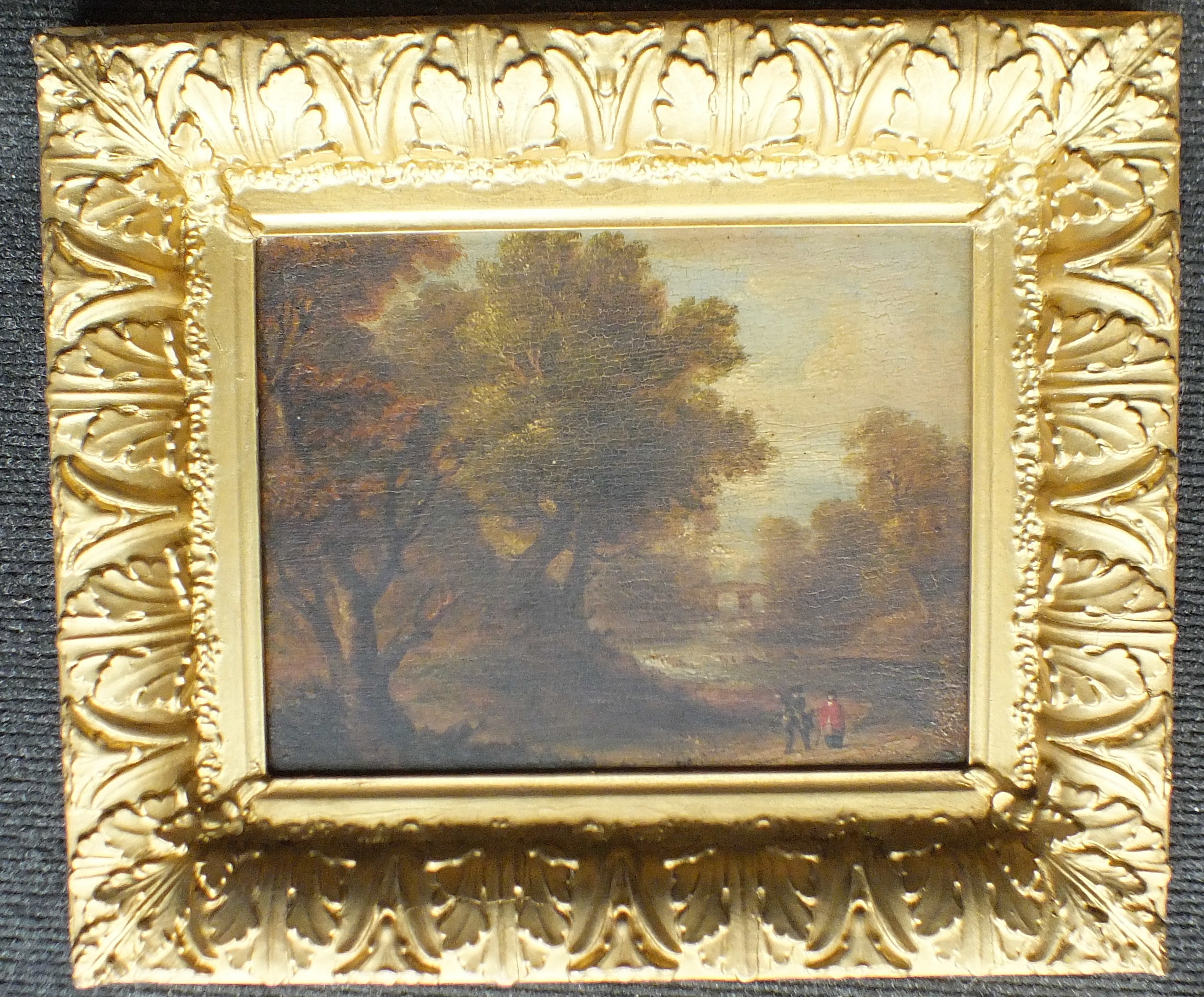 Continental School, 'Figures walking by a river with a bridge in the distance', an unsigned oil on - Image 2 of 3