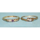 A small 18ct gold and platinum ring set amethyst and four 8/8-cut diamonds and an 18ct gold ring set