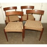 A set of four 1960's Danish Mogens Kold teak dining chairs with woven seats, each labelled, together