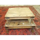 Two Eastern metal-bound hardwood low coffee tables, each on turned legs, 64 x 63cm and 57 x 56cm, (