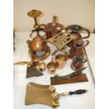A copper coal hod, various damaged copper measures and other metalware.