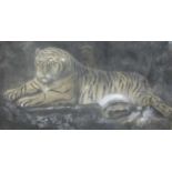 19th Century English School, 'Study of a tigress lying on a rock', unsigned watercolour heightened