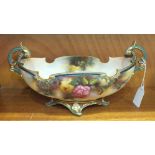 A Royal Worcester Hadley Ware two-handled oval-shaped dish decorated with roses and butterflies,