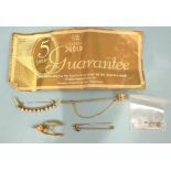 A Jersey gold 9ct gold jabot pin, 2g, a 9ct gold wish bone brooch, two other brooches and a pair