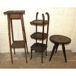 A carved wood three-legged table, a three-tier cake stand and a plant stand, (3).