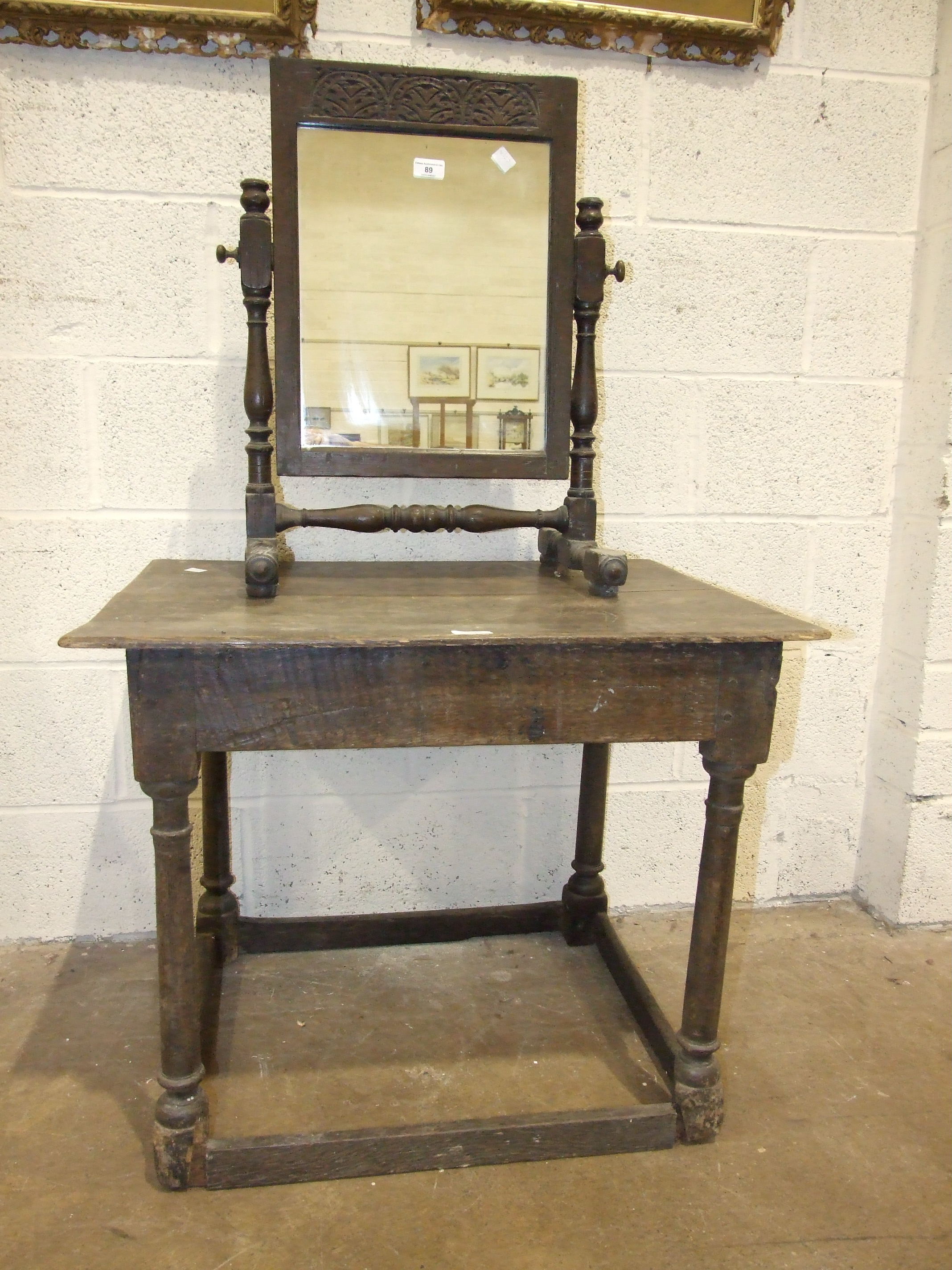 An oak and cast-iron adjustable bed table labelled Harrods Ltd, London SW, an oak dressing glass, - Image 2 of 4