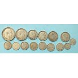 A collection of Edward VII coins: a half-crown 1903, a florin 1908, shilling 1902, 1910 (x2), one