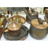 Two copper saucepans and lids with iron handles, (the handles marked JB32 & JB34 respectively), a