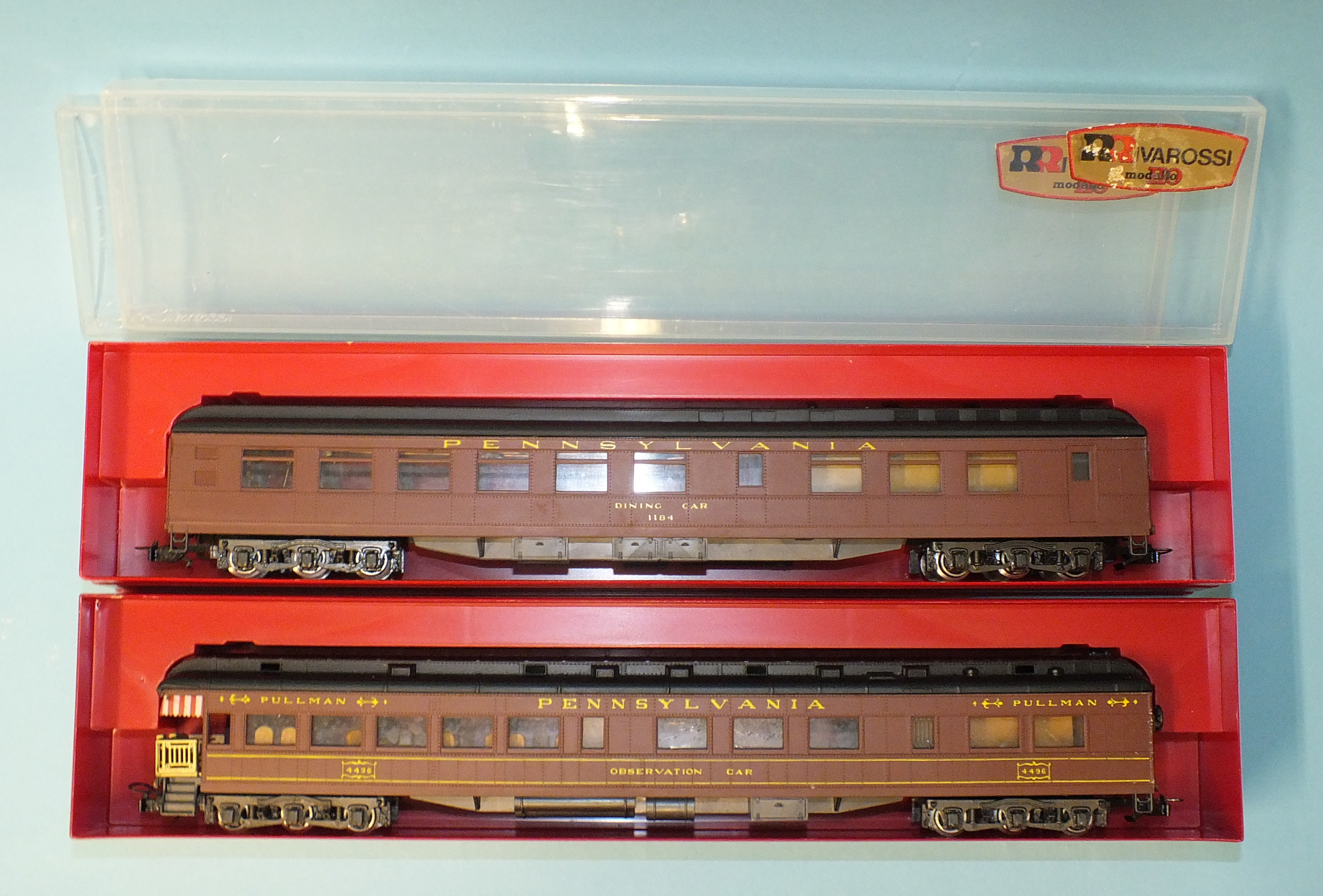 Rivarossi HO gauge, 'Pennsylvania Coaches: 2736 Dining Car and 2735 Observation Car, both boxed,