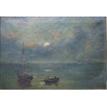 E G Ambler, 'Fishing vessels at night, possibly a whaling ship', signed oil on canvas, 24 x 35cm,