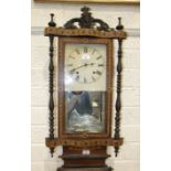 A late-19th century inlaid wood Vienna-style wall clock, the movement striking on a bell, 93cm high.