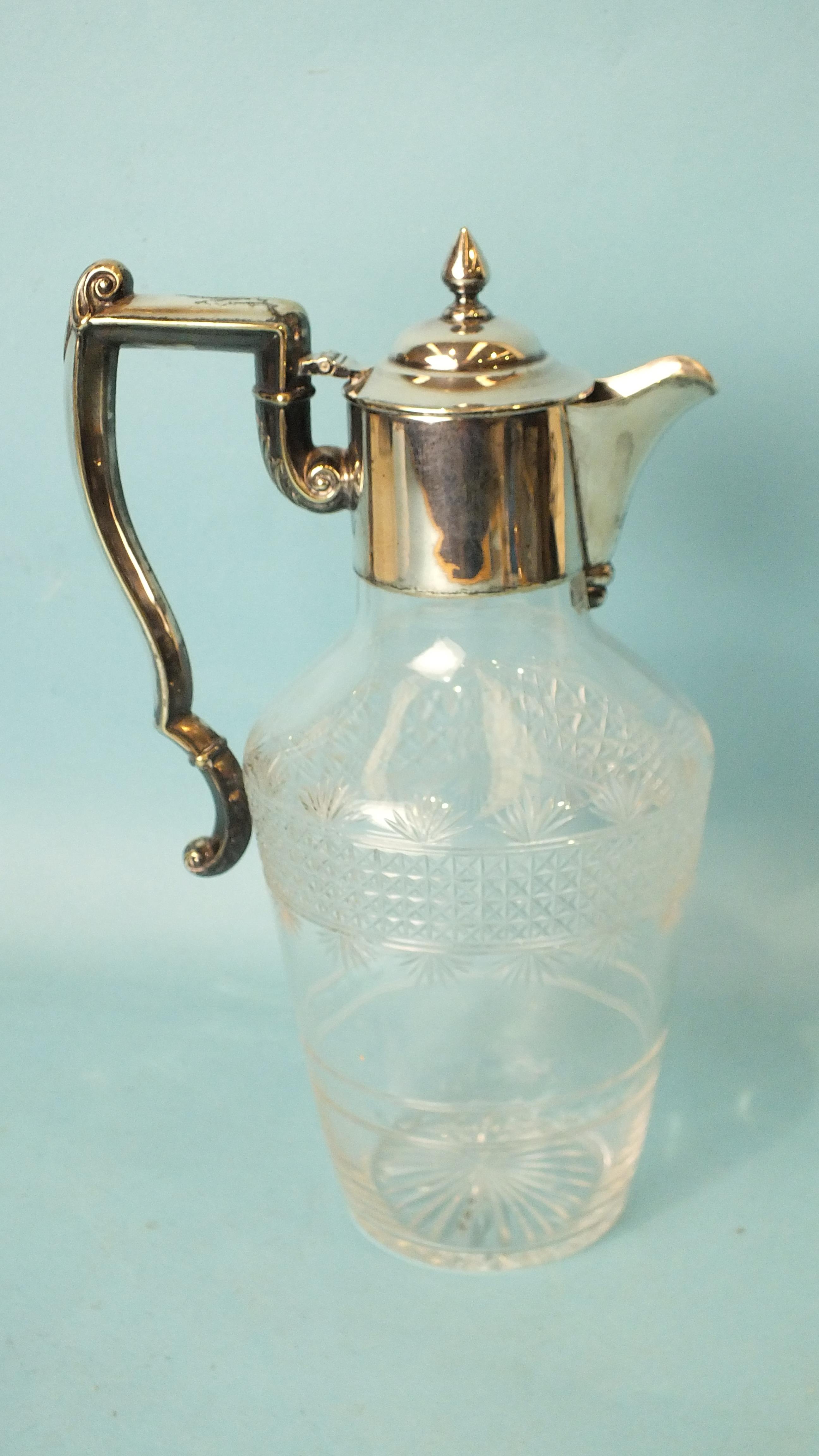 A Victorian cut-glass claret jug with plated mounts, handle and hinged lid, 26cm high. - Image 2 of 3