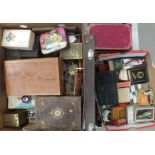 A collection of various sets of playing cards, boxes, metal ware and other miscellanea.