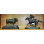 In the style of Moigniez, a bronze metal bull sculpture on marble base, 16.5cm high, 24cm long
