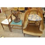 A Victorian style button-back tub armchair, an Edwardian inlaid stained wood tub chair, a