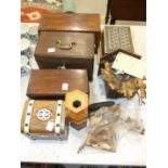 Four 19th century and later tea caddies, various walking sticks, a cuckoo clock and other items.