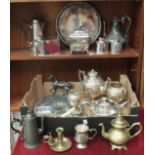 A three-piece embossed silver plated tea service, a plated salver, an octagonal plated box with