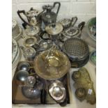 A collection of plated ware and metal ware, including teapots, a claret jug, a brass inkstand and