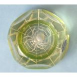 A Webb Corbett facetted yellow Uranium glass paperweight etched to base with spider and web, 4cm