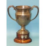 A silver trophy cup with acanthus-capped scrolling handles, makers Adie Bros Ltd, Birmingham 1929,