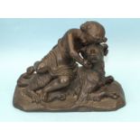 Unsigned, a bronzed metal sculpture of a young girl cuddling a dog, on rectangular base, 15.5cm