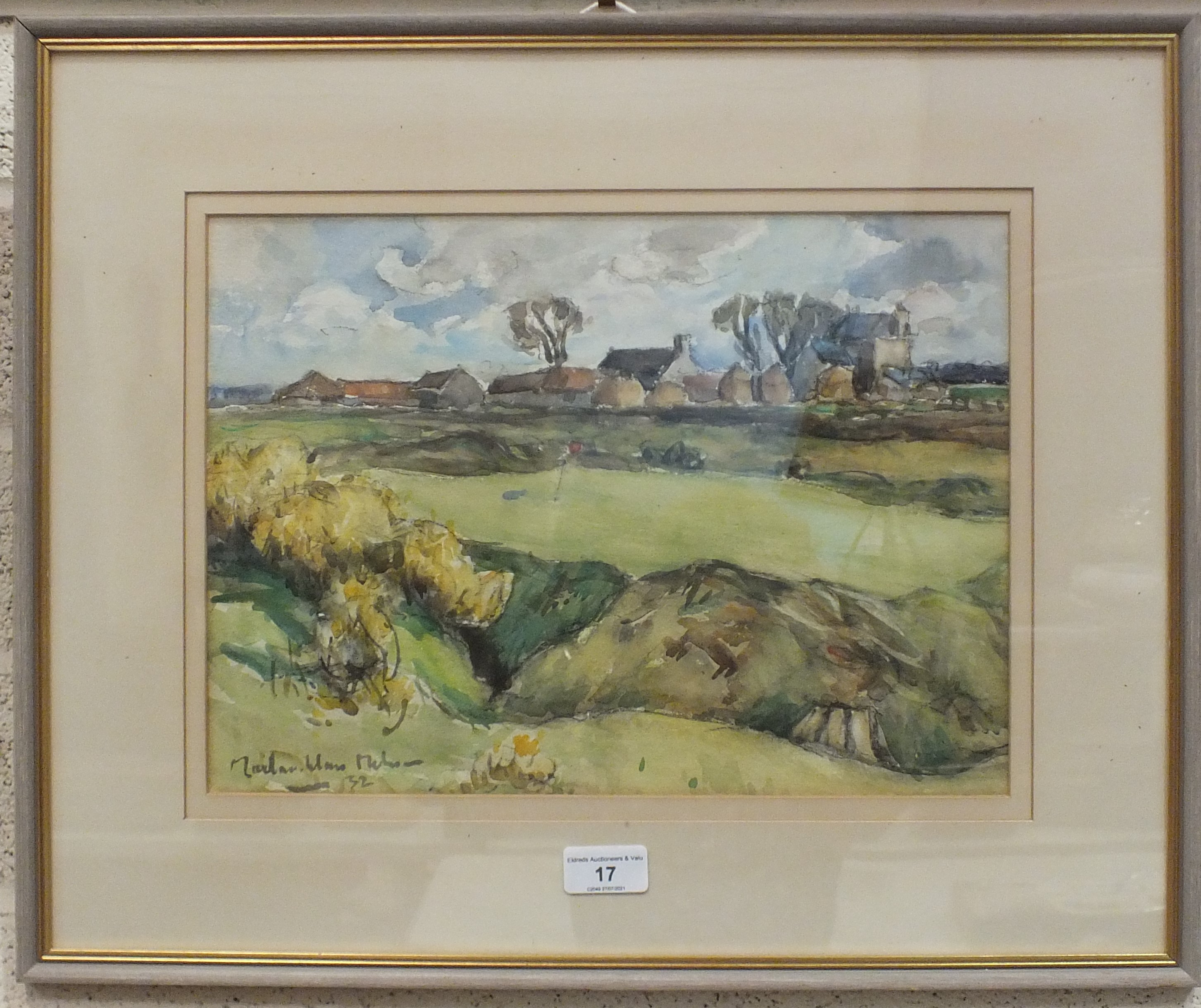 John Maclauchlan-Milne RSA (1886-1957) A GOLF GREEN WITH FARM BUILDINGS BEHIND Signed watercolour,