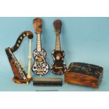 A Victorian tortoiseshell, bone and mother-of-pearl model of a harp, 13cm high, two models of