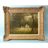 20th century English School CHILDREN PLAYING ON A WOODLAND SWING Unsigned oil on board, 29 x 40cm.