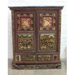 A mid-20th century Oriental lacquered and gilded side cabinet, the green marble top above a pair