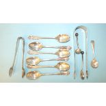 A set of six silver coffee spoons with matching tongs, Sheffield 1908, a pair of Georgian silver